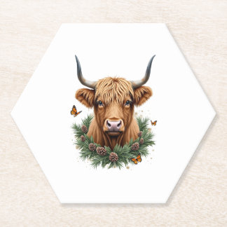 Scottish Highland Cow Cattle Hairy Cow Christmas W Paper Coaster