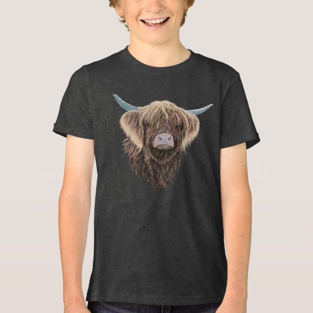 Scottish Highland Cow Charlie With Straggly Hair Tri-Blend Shirt (Front)