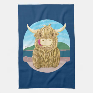 Scottish Highland Cow, Chilling On The Beach Tea Towel