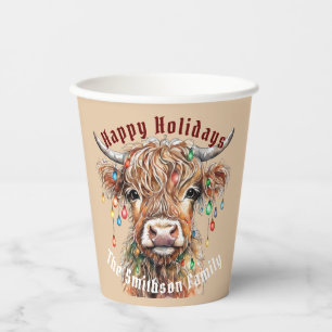 Scottish Highland Cow Christmas Lights Paper Cups