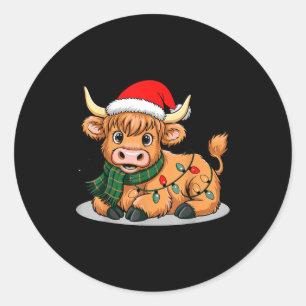 Scottish Highland Cow Christmas Lights Xmas Party  Classic Round Sticker