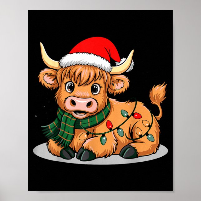 Scottish Highland Cow Christmas Lights Xmas Party  Poster (Front)