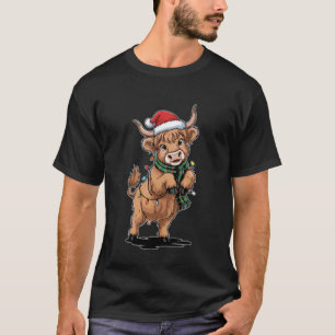 Scottish Highland Cow Christmas Lights Xmas Party T-Shirt
