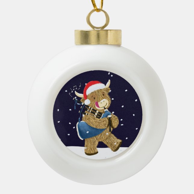 Scottish Highland Cow Christmas Piper Ceramic Ball Christmas Ornament (Front)