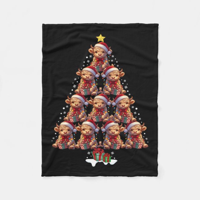 Scottish Highland Cow Christmas Tree Lights Xmas C Fleece Blanket (Front)