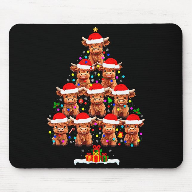 Scottish Highland Cow Christmas Tree Lights Xmas P Mouse Pad (Front)