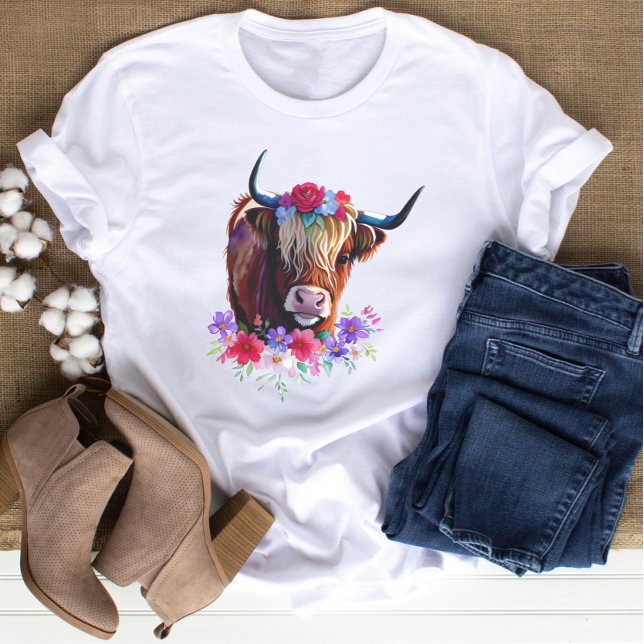 Scottish Highland Cow Colorful Flower Crown T-Shirt (Creator Uploaded)