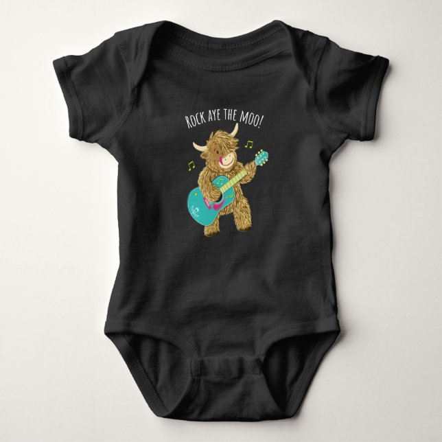 Scottish Highland Cow Guitarist Rock Aye The Moo!  Baby Bodysuit (Front)