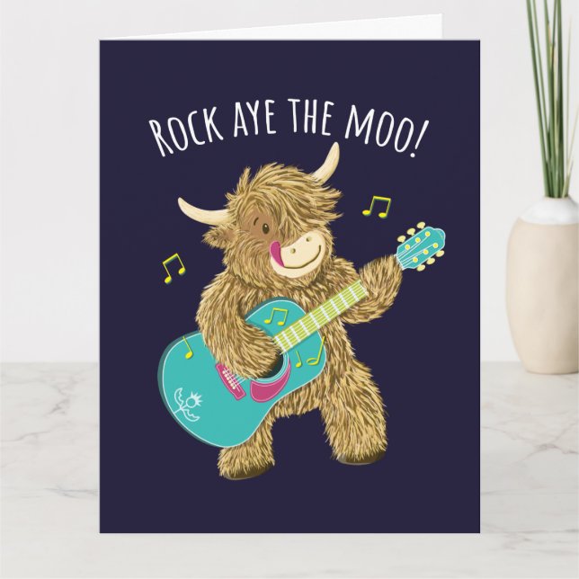 Scottish Highland Cow Guitarist Rock Aye The Moo!  Card (Front)