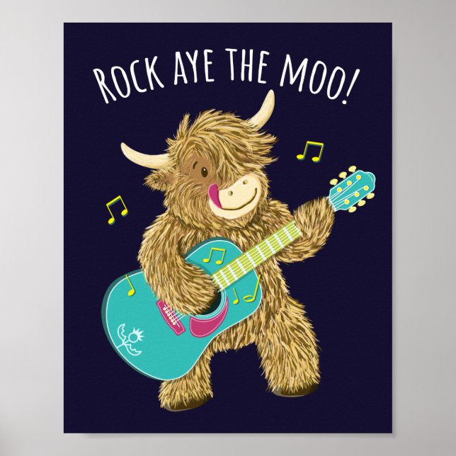 Scottish Highland Cow Guitarist Rock Aye The Moo!  Poster (Front)
