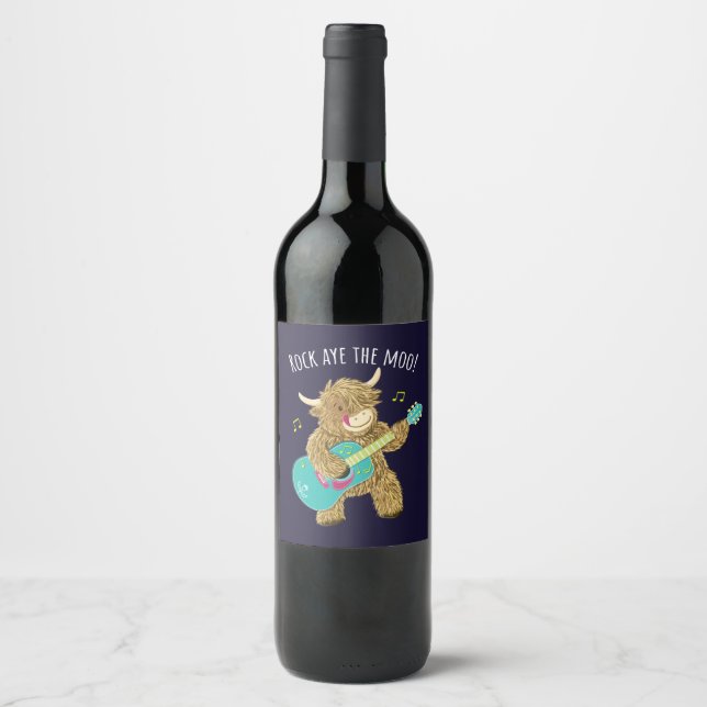 Scottish Highland Cow Guitarist Rock Aye The Moo!  Wine Label (Front)