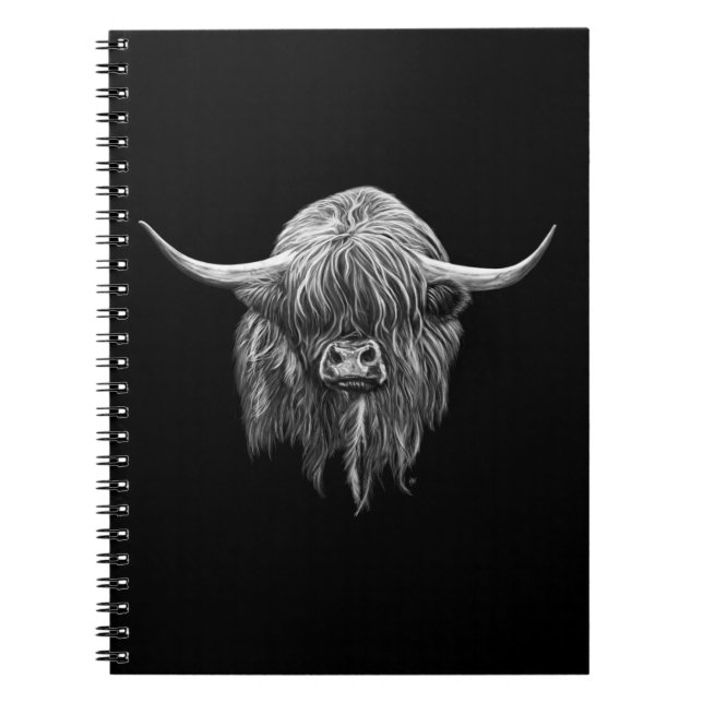 Scottish Highland Cow In Black And White Notebook (Front)