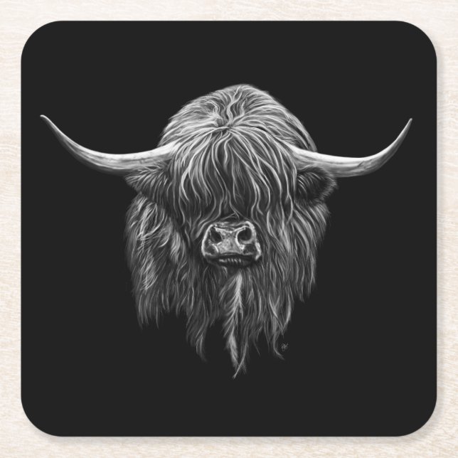 Scottish Highland Cow In Black And White Square Paper Coaster (Front)