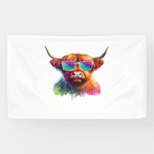 Scottish Highland Cow in Sunglasses Colourful Wate Banner
