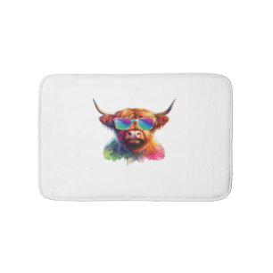 Scottish Highland Cow in Sunglasses Colourful Wate Bath Mat