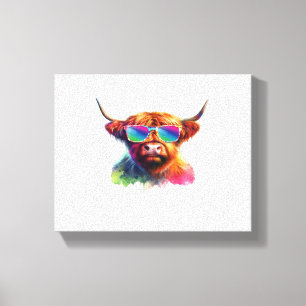 Scottish Highland Cow in Sunglasses Colourful Wate Canvas Print