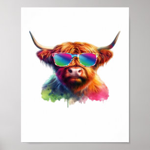 Scottish Highland Cow in Sunglasses Colourful Wate Poster