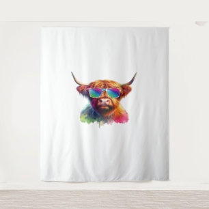 Scottish Highland Cow in Sunglasses Colourful Wate Tapestry