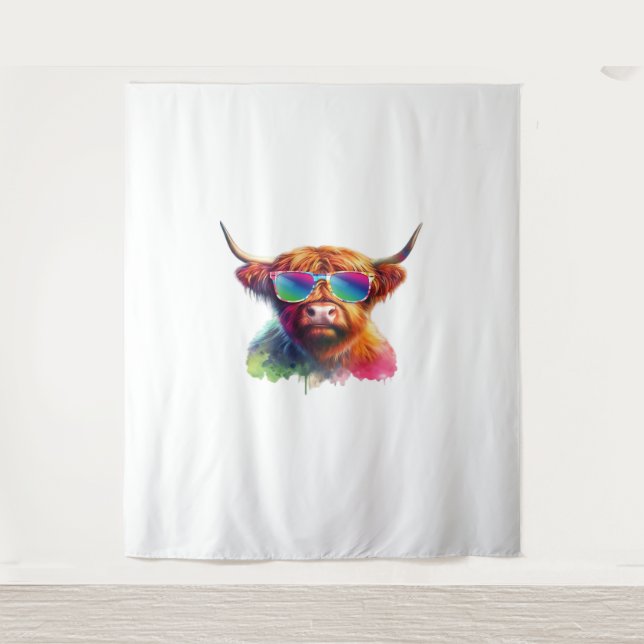 Scottish Highland Cow in Sunglasses Colourful Wate Tapestry (Front)