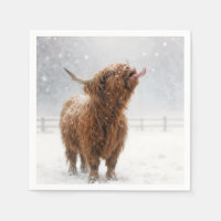 Scottish Highland Cow Licking Snowflakes