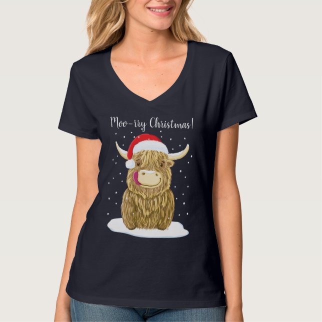 Scottish Highland Cow Merry Christmas Snow T-Shirt (Front)