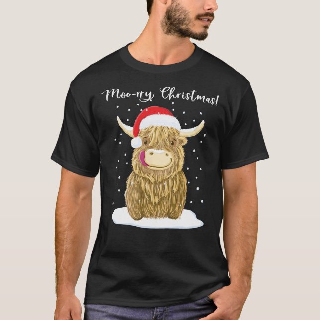 Scottish Highland Cow, Moo-rry Christmas Wee Hamis T-Shirt (Front)