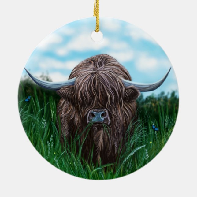 Scottish Highland Cow Painting Ceramic Tree Decoration (Back)
