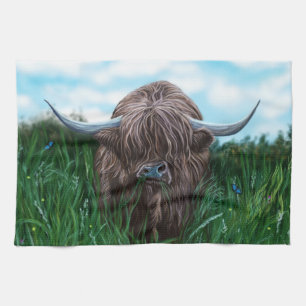 Scottish Highland Cow Painting Tea Towel