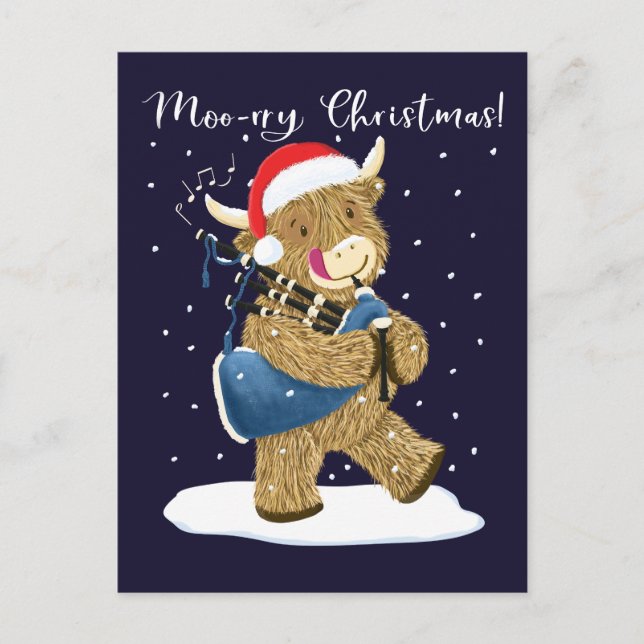 Scottish Highland Cow Plays Christmas Bagpipes Holiday Postcard (Front)