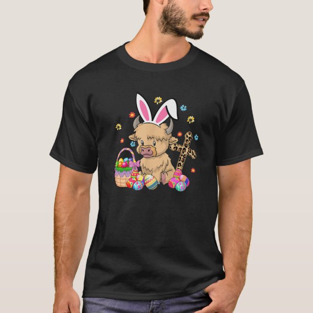 Scottish Highland Cow Print Easter Eggs Leopard Cr T-Shirt (Front)