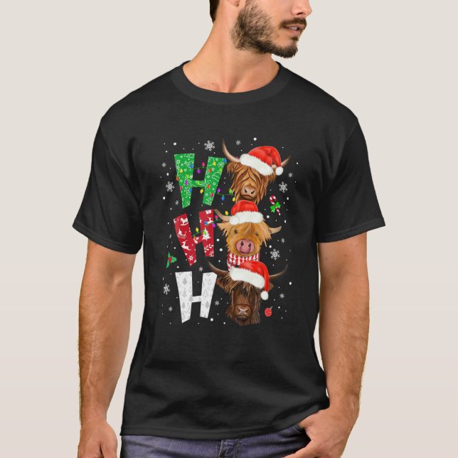 Scottish Highland Cow Print Ho Ho Ho Christmas Paj T-Shirt (Front)