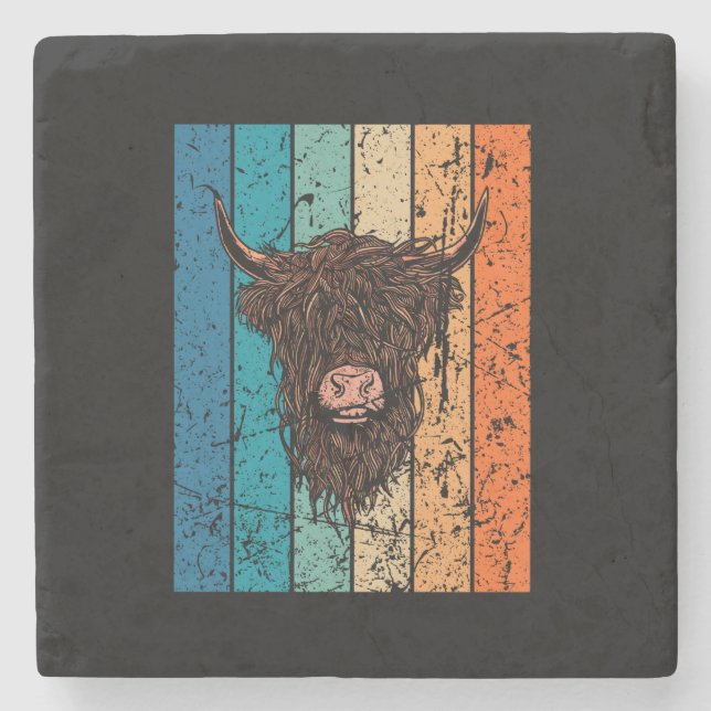 Scottish Highland Cow Retro Stone Coaster (Front)