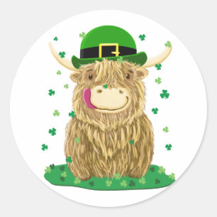 Scottish Highland Cow St Patrick's Day Shamrocks Classic Round Sticker