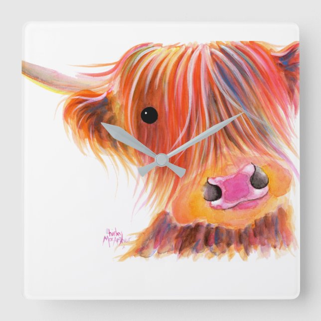 Scottish Highland Cow ' SWEET SATSUMA ' by Shirley Square Wall Clock (Front)