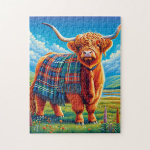 Scottish Highland Cow, Tartan Rug Jigsaw Puzzle