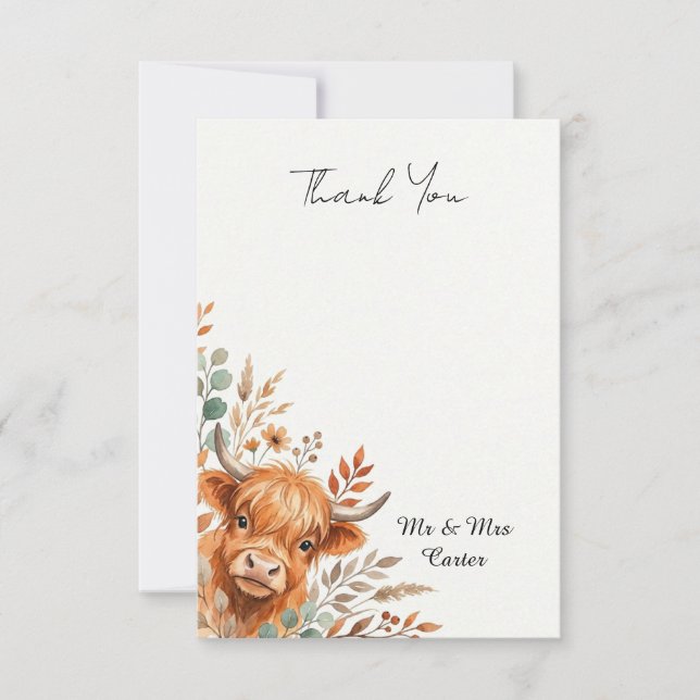 Scottish Highland Cow Wedding Thank You Card (Front)