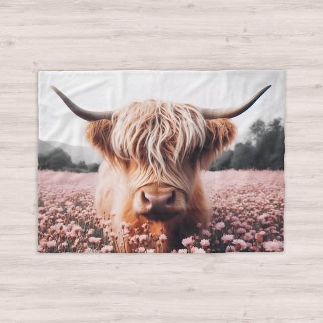 Scottish Highland Cow Wildflower Field Fleece Blanket (Creator Uploaded)