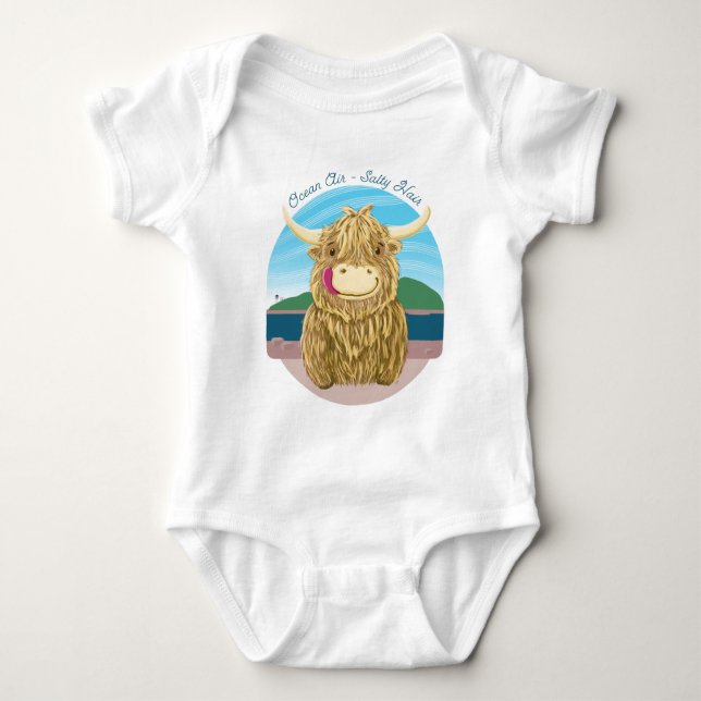 Scottish Highland Cow With Ocean Salty Hair Baby Bodysuit (Front)
