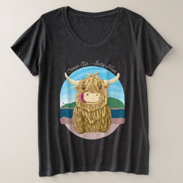 Scottish Highland Cow With Ocean Salty Hair Plus Size T-Shirt (Design Front)