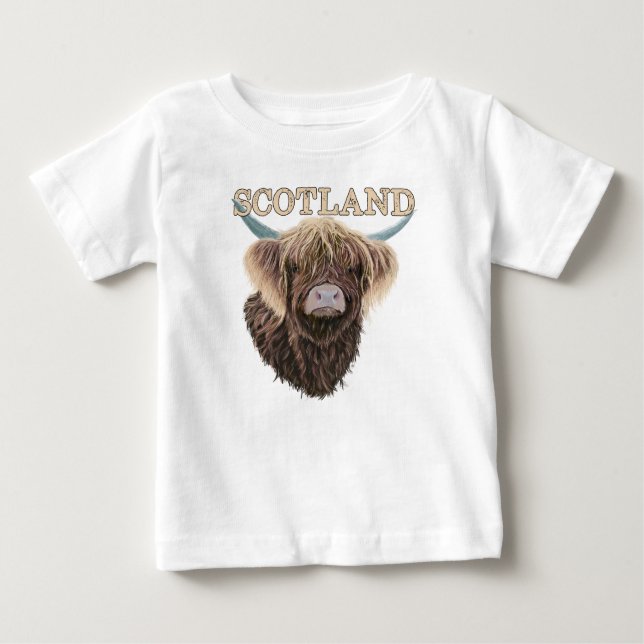 Scottish Highland Cow With Scotland Slogan Baby T-Shirt (Front)