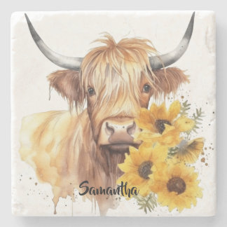 Scottish Highland Cow with Sunflowers. Editable Stone Coaster