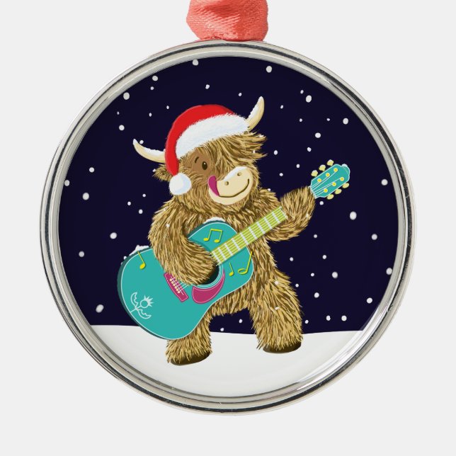 Scottish Highland Cows Plays A Christmas Guitar Metal Tree Decoration (Front)