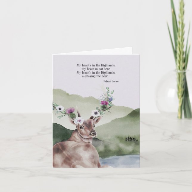 Scottish Highland Floral Deer Watercolor Blank Note Card (Front)