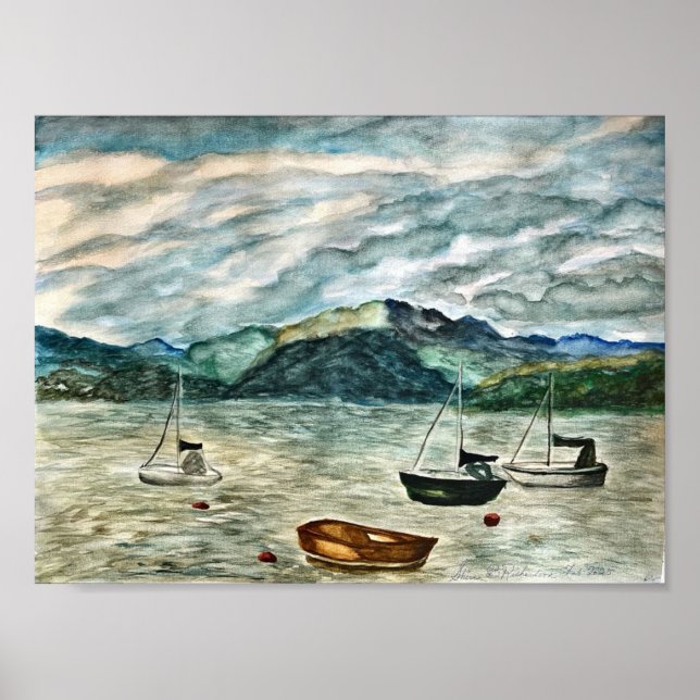 Scottish Highland Waterscape with Boats by Shira B Poster (Front)