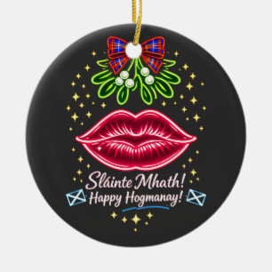 Scottish Hogmanay Mistletoe Neon Tartan Gift Ceramic Tree Decoration