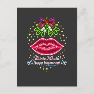 Scottish Hogmanay Mistletoe Neon Tartan Gift Postcard