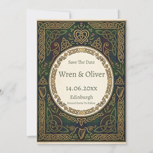 Scottish Irish Shamrock Thistle Save the Date Card (Front)