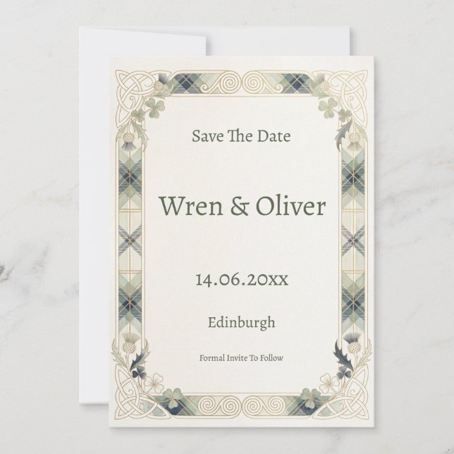 Scottish Irish Shamrock Thistle Save the Date Card (Front)
