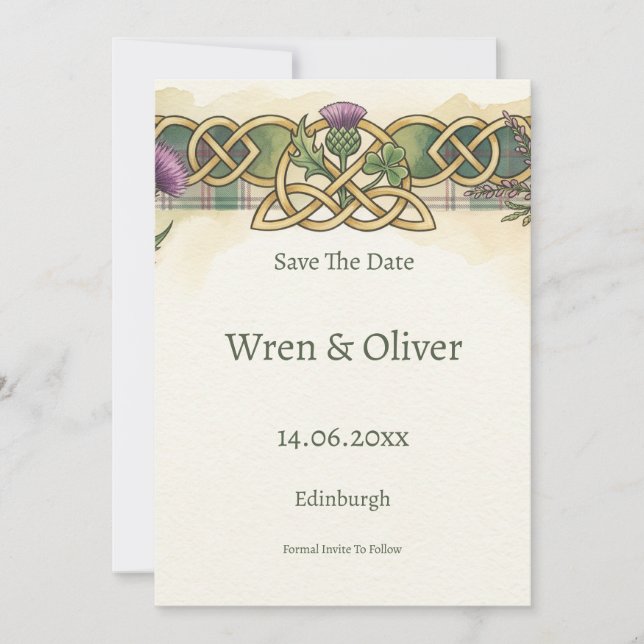 Scottish Irish Shamrock Thistle Save the Date Card (Front)