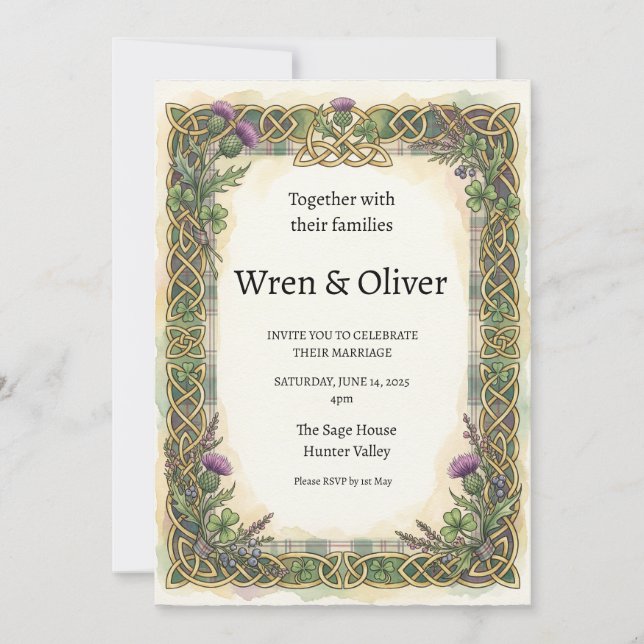 Scottish Irish Shamrock Thistle Wedding Invitation (Front)